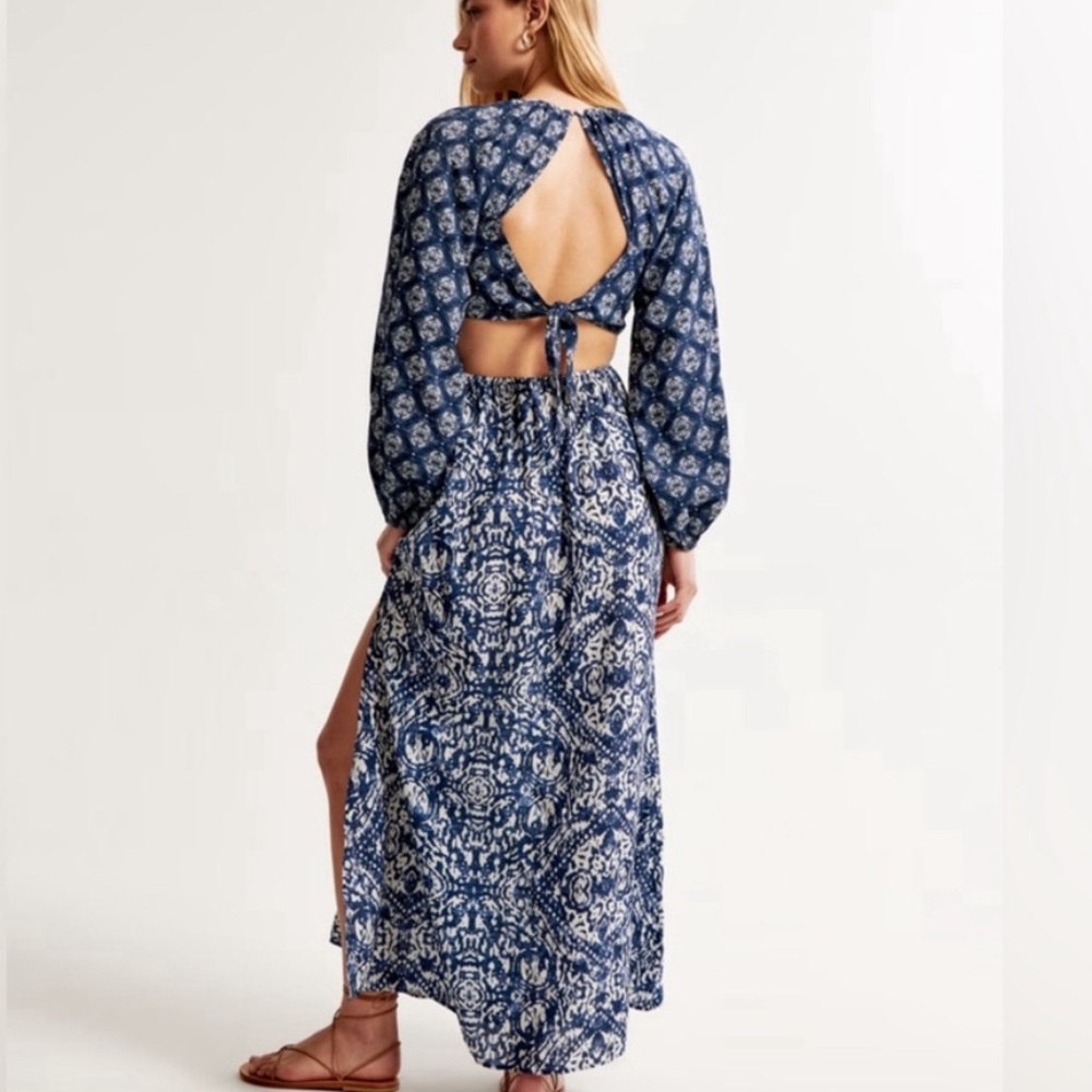Abercrombie & Fitch Blue and White Tie Back Cut Out Maxi Dress XS - Picture 2 of 10